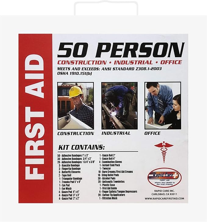 Rapid Care First Aid RC-50MAN-M 50 Person 233 Piece ANSI/OSHA Compliant Emergency First Aid Kit in Wall Mountable Metal Case