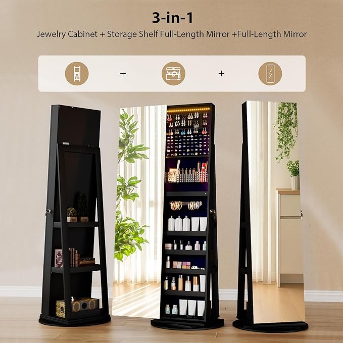 LVSOMT 360° Rotating Jewelry Mirror Cabinet with LED Lights and Lock - Freestanding Jewelry Storage Organizer for Bedroom, Closet, Vanity, Cosmetics & Accessories (Black)