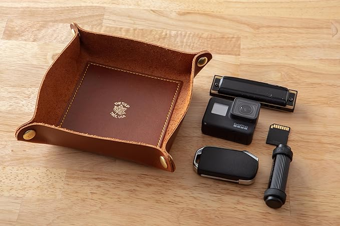 USA Handmade Premium Leather Valet Tray, Folds Flat! Dice Rolling Basket and Organizer with Brass Snaps (Chestnut Gold, Medium)