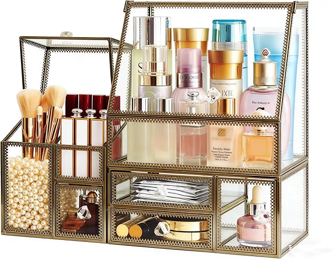 Hersoo Glass Antique Brass Stackable Drawer Set Makeup Organizer for Vanity Antique Countertop Vanity Cosmetic Storage Box Mirror Glass Beauty Display