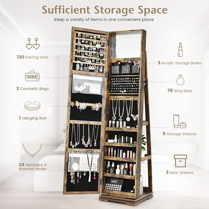 360° Swivel LED Mirror Jewelry Cabinet with Full Length Mirror, Lockable Floor Standing Mirrored Jewelry Armoire Organizer w/Inside Makeup Mirror & Back Storage Shelves (Rustic Brown)