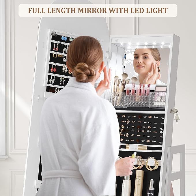 LVSOMT LED Mirror Jewelry Cabinet Standing, Lockable Jewelry Armoire with Arched Full-Length Mirror and Adjustable LED Lights, Space-Saving Jewelry Organizer with Mirror(White)