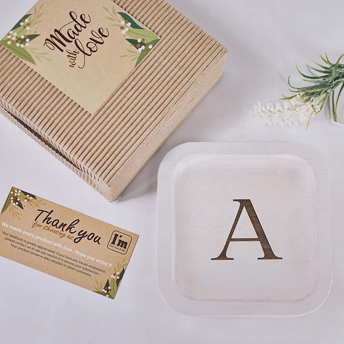 I'm Wooden Personalized Letter Catchall Valet Tray Trinket Dish Jewelry Tray Key Bowl Decorative Plate Organizing Ring Earrings Necklaces Bracelet Watch Coins Wallet Holder (6"x6" Sq White A)