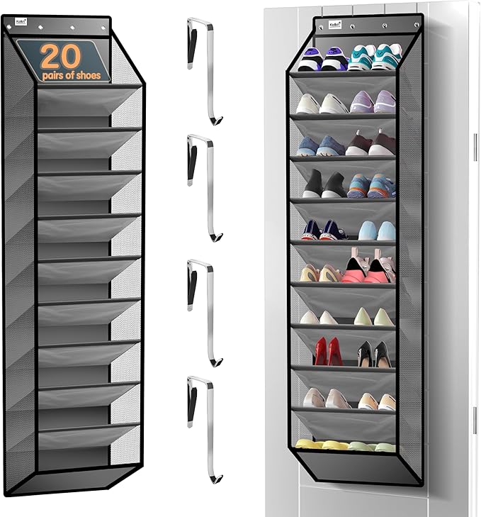 10 Tier Over The Door Organizer - Heavy Duty Hanging Storage Rack with Sturdy Oxford Fabric, Holds 20+ Pairs of Footwear, Boots & Sneakers, Saves 50% Closet Space (Gray)