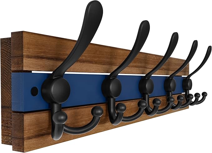 SKOLOO Rustic Wall Mounted Coat Rack - 16-7/8" Long Coat Hooks for Wall with 5 Triple Hooks for Hanging Coats, Hats or Tools, Western National Parks Collection, Wood Brown & Blue