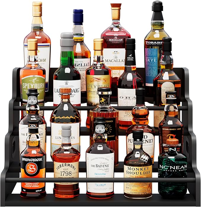 19.6”W x 15.74" D x 12.5" H Inches Versatile 4-Step Coffee Syrup & Water Bottle Organizer Rack Multi-Functional Retro Display Shelf for Kitchen or Bar, Holds Liquor & Spirits, Black