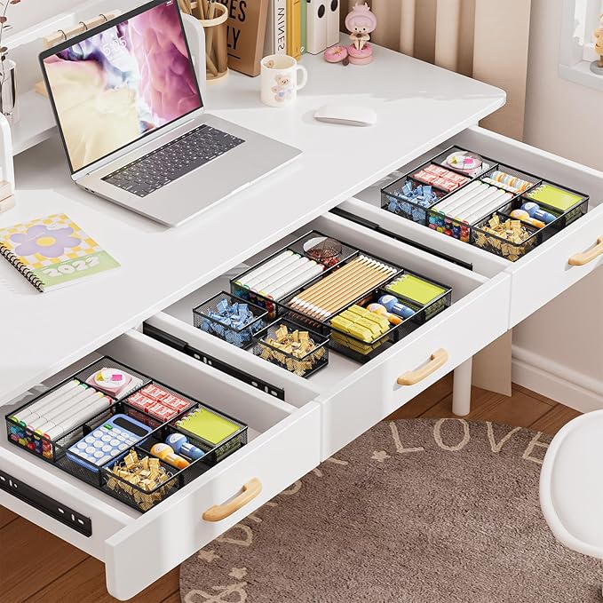 Marbrasse 3 Pack Desk Drawer Organizers with 9 Adjustable Compartments for Makeup, Office Supplies & Accessories (Black)