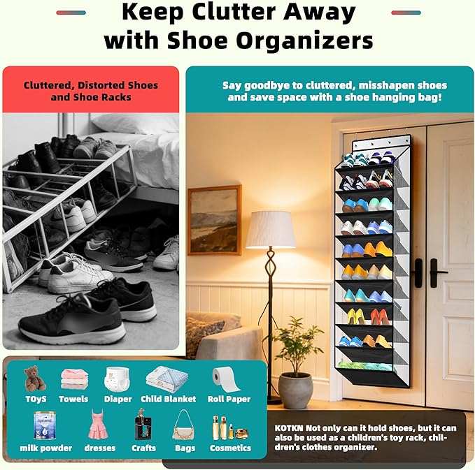 PAULONE 10-Pocket Multi-Use Over the Door Organizer, Heavy Duty 95lbs Capacity with Breathable Mesh, Versatile Hanging Storage for Shoes, Toys, Office Supplies-Classic (Black, 10-Shelf,)