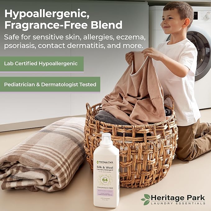 Heritage Park Silk & Wool Fragrance Free, Hypoallergenic, pH-Neutral Laundry Detergent – Dermatologist-tested, Sensitive Skin-Friendly, Enzyme-Free, Concentrated Up to 64 loads (32 fl oz)