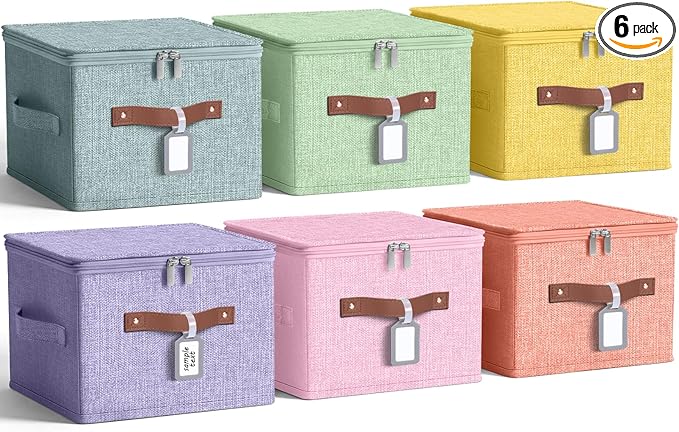 6 Pack Fabric Closet Storage Bins with Zipper Lids and Label, 10×8×7In Large Foldable Cotton Linen Storage Cubes with Leather Handles for Nursery, Pink, Purple, Blue, Green, Yellow, Orange