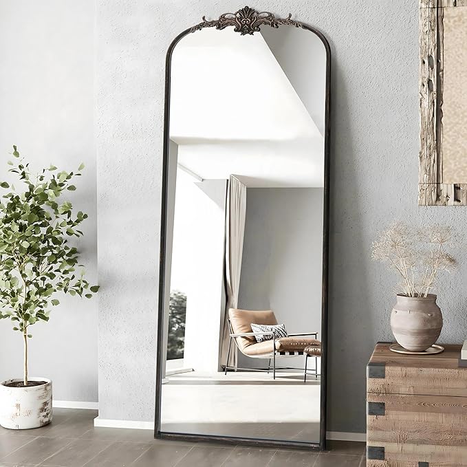 Besdomus Arched Mirror Full Length: 21"x56" Black Vintage Full Body Mirror - Floor Antique Baroque Traditional Ornate for Entryway/Cloakroom/Bedroom/Living Room - Home Decor for Homemakers