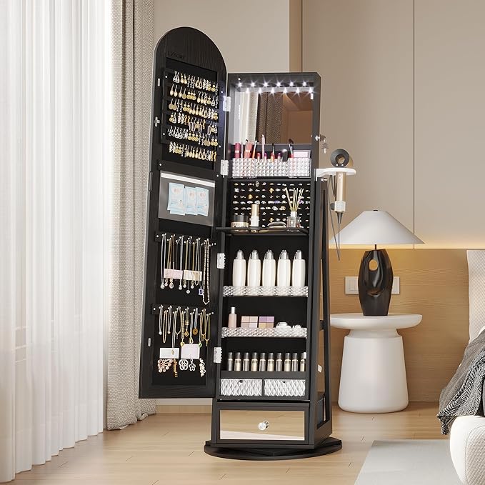 LVSOMT 360° Swivel Arched Jewelry Mirror Cabinet, 64"H Standing Jewelry Armoire with 6 LED Lights, Lockable Jewelry Organizer, Arch Full Length Mirror with Storage, Inner Makeup Shelf, Drawers (Black)