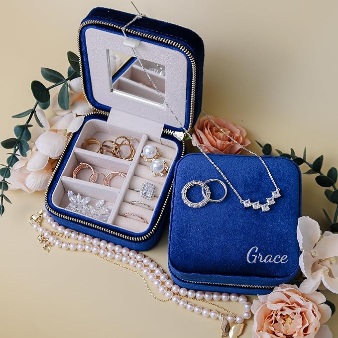 Customizable Compact Velvet Jewelry Box with Mirror, Travel Jewelry Case, Travel Jewelry Organizer, Jewelry Box for Women and Girls, Small Jewelry Organizer (Bottom Right Text, Winter Blue)