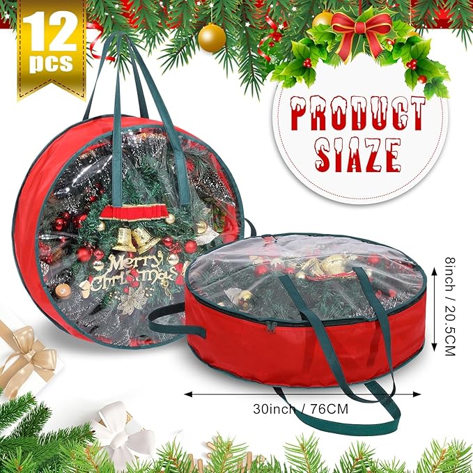 Shappy 12 Pcs Christmas Wreath Storage Bag Clear Wreath Box Wreath Storage Containers with Clear Window and Handle Christmas Garland Storage Containers for Xmas Holiday Seasonal Storage (30 Inch)