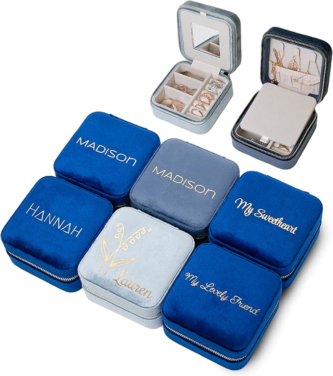 Customizable Compact Velvet Jewelry Box with Mirror, Travel Jewelry Case, Travel Jewelry Organizer, Jewelry Box for Women and Girls, Small Jewelry Organizer (Bottom Right Text, Winter Blue)
