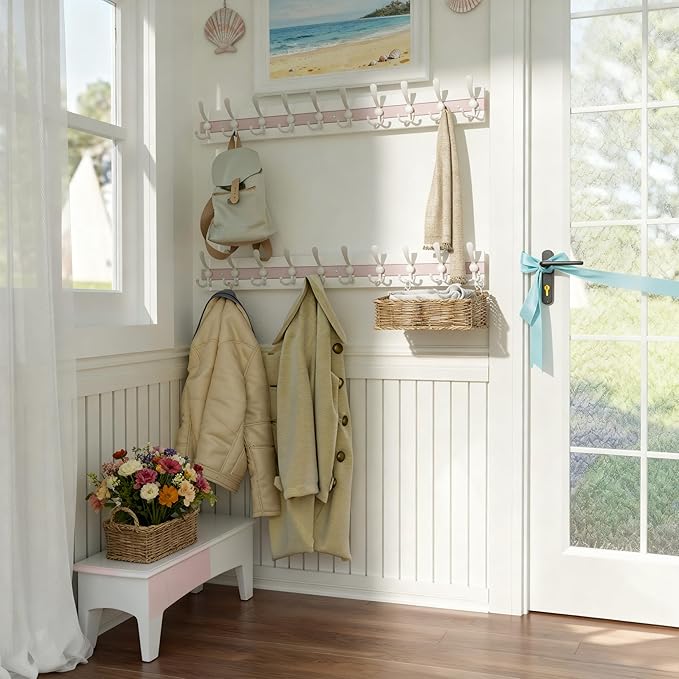 SKOLOO Coastal Wall Mounted Coat Rack - 38-1/8" Beach House Entryway Wooden Coat Hook with 10 Hooks for Hanging Coats, Hats or Towels, Oceanfront Cottage Core Collection, White & Palm Beach Pink