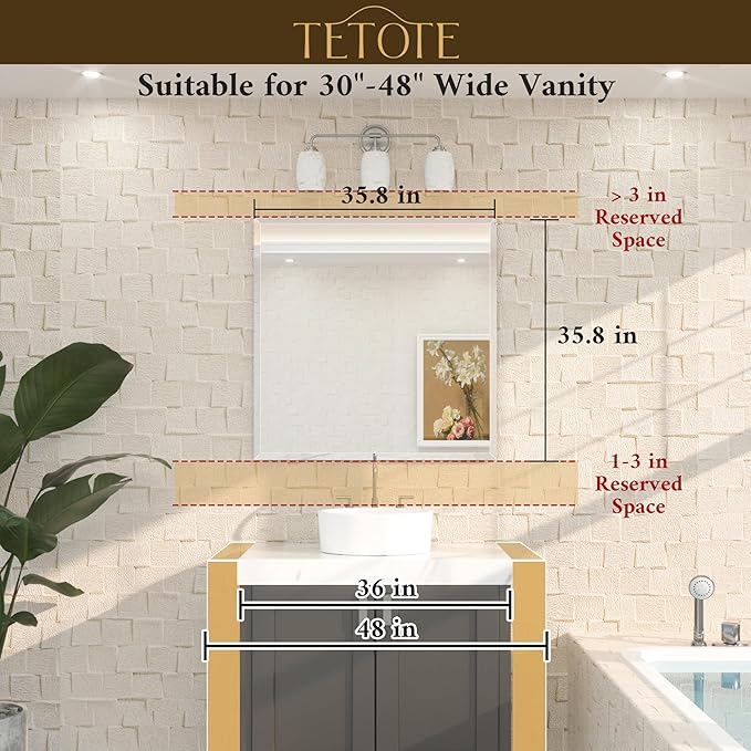 TETOTE 36" x 36" Rectangle Tempered Mirror with Frameless Beveled Edge for Vanity and Bathroom