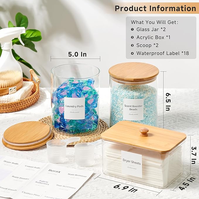 Glass Laundry Pods Container & Acrylic Dryer Sheet Holder with Bamboo Lids, Scoops & Labels | Premium Laundry Room Organization and Storage for Detergent Pods, Powder, Dryer Balls & Beads