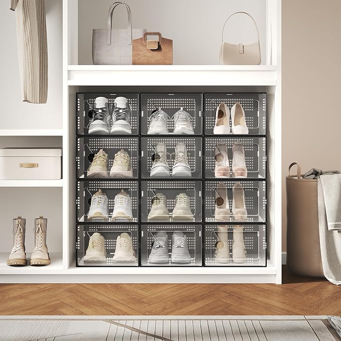 DUMOS Stackable Shoe Storage Boxes, 15-Pack Plastic Shoe Organizers with Lids, Large Shoe Rack & Holder for Closet, Under Bed, Entryway, Sneaker Display and Storage Containers, Black