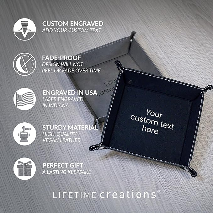 Lifetime Creations Create Your Own Personalized Valet Tray (Gray) - Custom Vegan Leather Snap Catchall, Desk Organizer, Groomsmen Gift