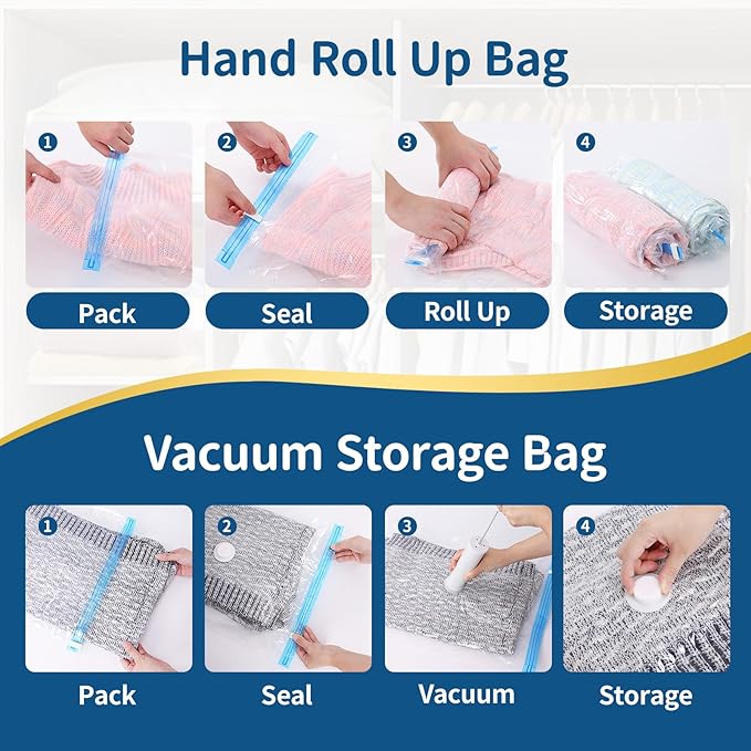 Vacuum Storage Bags for Clothing Travel,7 Pack Vacuum Bags with Pump,Space Saver Bags for Clothes Travel & Home (2 Roll-Up Bags,1 Small,1 Medium,1 Large,1 Jumbo,1 Super Jumbo)