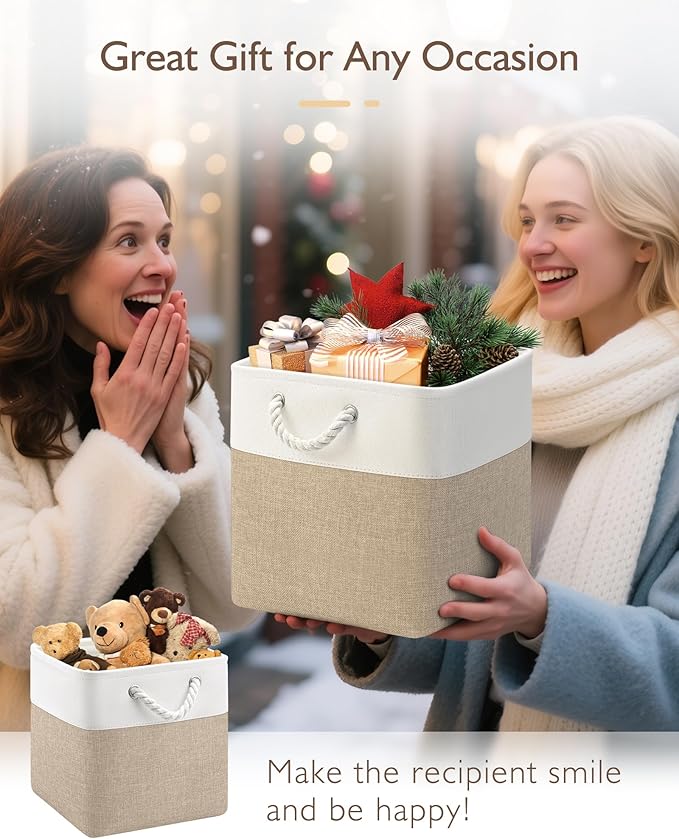 11 Inch Storage Cubes 6-Pack, Foldable Fabric Organizer Bins with Rope Handles, Cube Storage Baskets for Closet Shelves and Home Organization(White/Khaki)