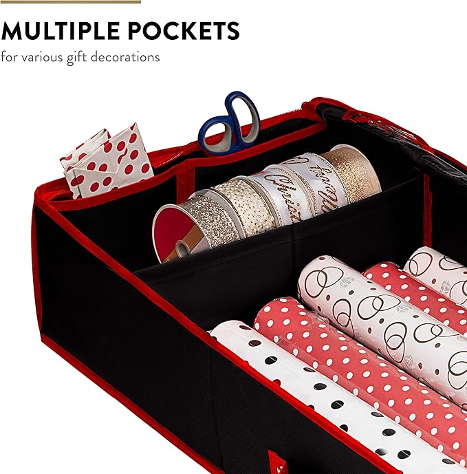 ZOBER Gift Wrapping Paper Organizer Storage - 40" Gift Wrap Storage Containers with Interior Pockets for Bows, Tags & Ribbons - Wrapping Paper Holder, 600D Oxford, Fits 24 Standard Rolls, Black/Red