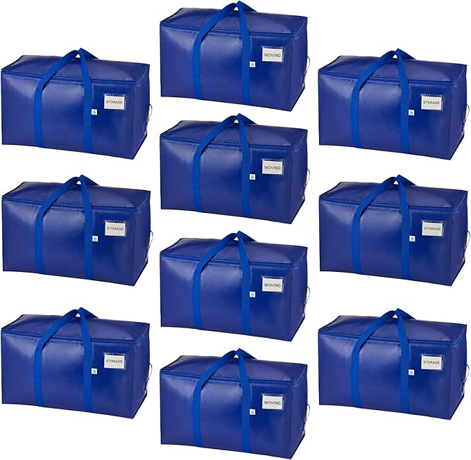 VENO 10 Pack Moving Bags, Upgraded Heavy Duty, Moving Boxes Alternative, Packing Storage Supplies for Dorm Room Essentials with Zipper for Clothes, Large Totes for Packaging (Blue, 10 Pack)