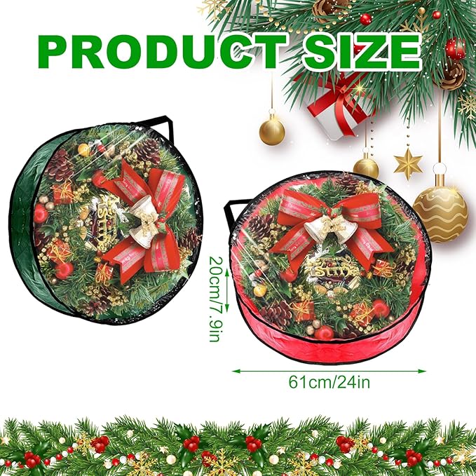 6 PCS Clear Wreath Storage Bag, 24x8 Inch Christmas Wreath Storage Container, PVC+PE Wreath Protector with Handle for Xmas Holiday Seasonal Wreath Garland (3 Green+3 Red)