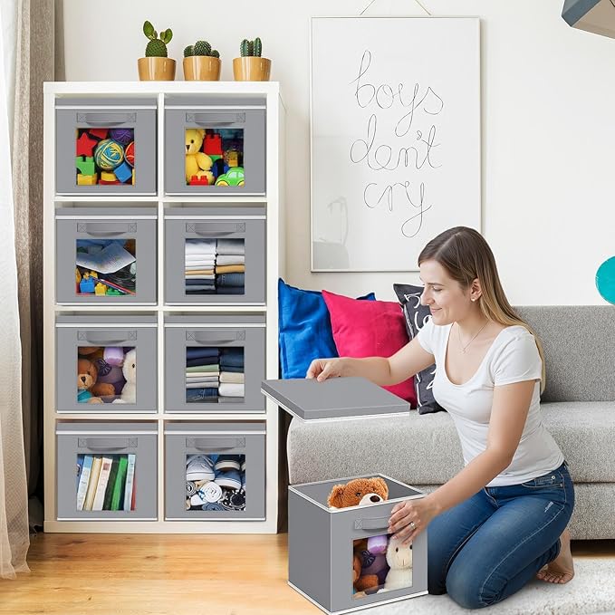10 Pcs Fabric Storage Cube with Lid 11x11 Inch Fabric Storage Bins with Window Handle Collapsible Cube Organizer Basket for Shelves Closet Bedroom Office Clothes Book Stuffs (Light Gray)