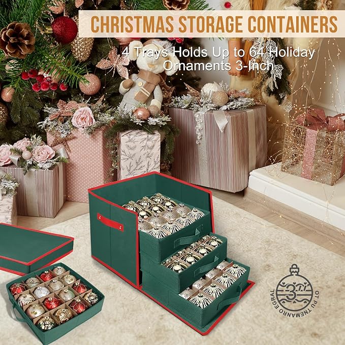 WDZREE Premium Large Christmas Ornament Storage,Box with Side Open, Drawer Style Trays - 3" Compartment, 4 Trays, Keeps 64 Holiday Ornaments -Made of Durable 600D Oxford Fabric Tear-Proof Material