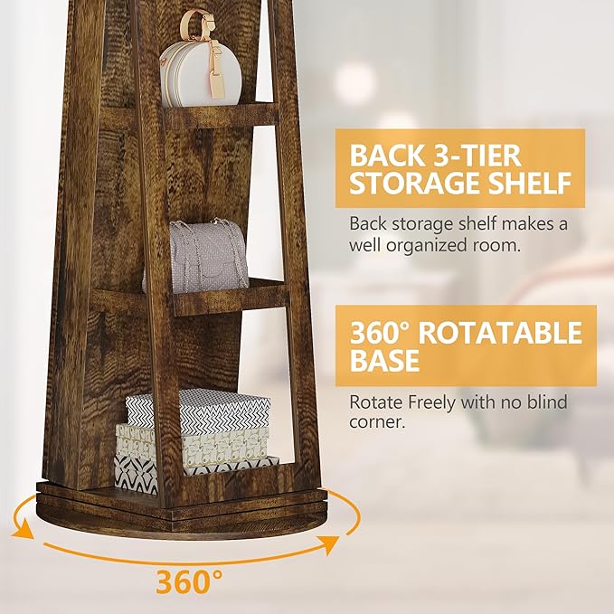 LVSOMT 360° Swivel Jewelry Cabinet with Full Length Mirror, 63" Large Capacity Jewelry Organizer Armoire, Lockable Mirror with Jewelry Storage, Floor Standing Mirror, Storage Shelves (Retro Brown)