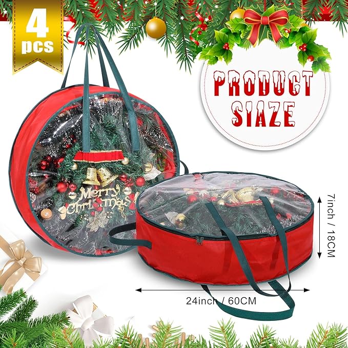Shappy 4 Pcs Christmas Wreath Storage Bag Clear Wreath Box Wreath Storage Containers with Clear Window and Handle Christmas Garland Storage Containers for Xmas Holiday Seasonal Storage (24 Inch)