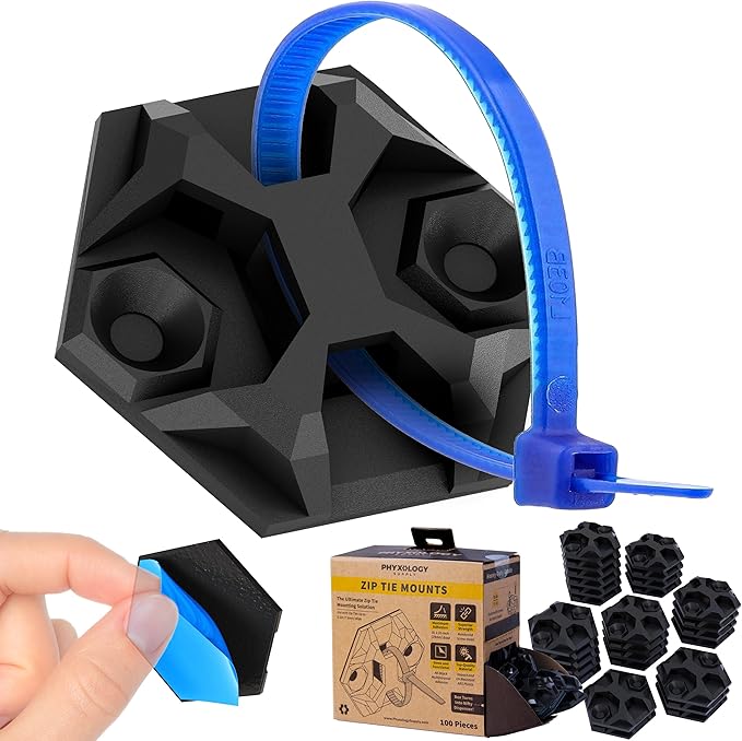 Rugged, Stylish Adhesive XL Zip Tie Mounts 100 Pack. Premium 1.5in Sticky Back Ziptie, Cord, and Cable Management Anchor Clips. Easy Peel and Stick Mounting Bases With Hanging Organizer Box Dispenser
