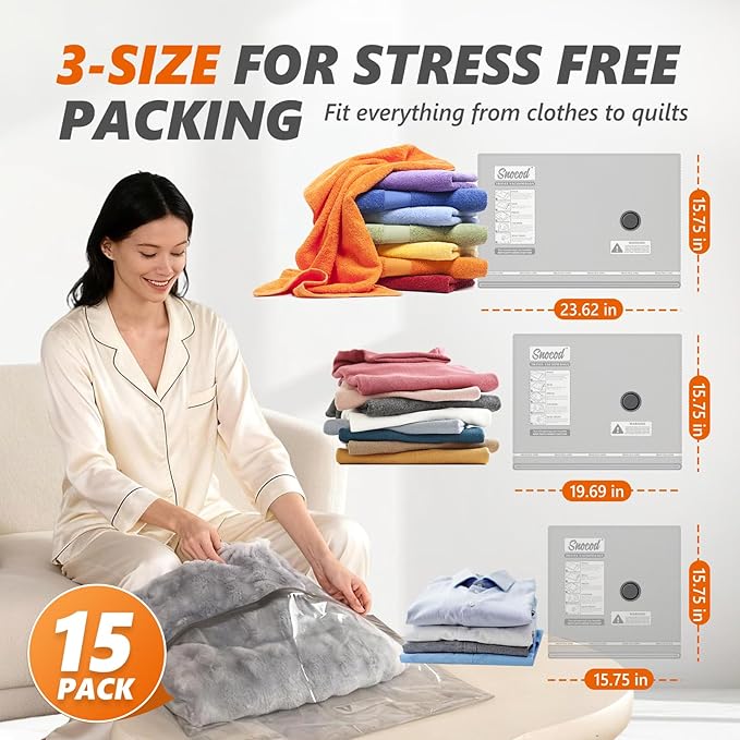 Travel Vacuum Bags with Wireless Pump, 15 Pack Vacuum Storage Bags with Powerful -70KPa Suction, for Maximum Compression in Luggage, Travel and Home Use for Clothes and Blankets, White