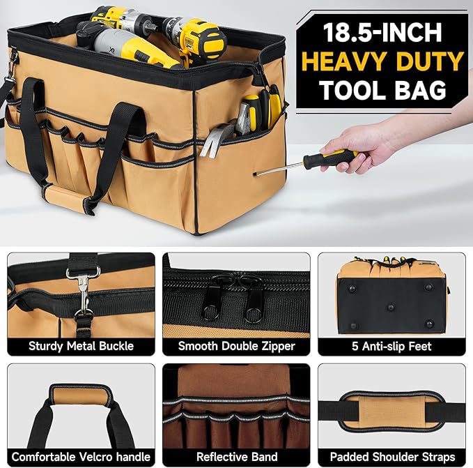 18.5-Inch Tool Bag,43 Pockets Tool Bags for Men,Heavy Duty Tool Box Organizer Storage,Wide Mouth Toolbag Tools Tote Carrying Case for Dad,Mechanic,Electrician,Brown,Bag Only