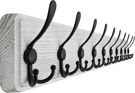SKOLOO Coat Rack Wall Mounted - 38.3'' Long, Wooden, Heavy Duty, Rustic Coat Hooks for Wall, Wall Coat Rack with 10 Triple Hooks for Hanging Clothes, Jacket, Hat(Weathered White)