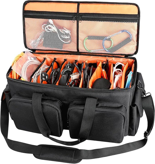 SAVIOUR DJ Cable File Bag, Detachable Padded Bottom and Adjustable Dividers, Stores Music, Audio, and Visual Cabling, Portable Travel Storage and Studio Organization (Orange)