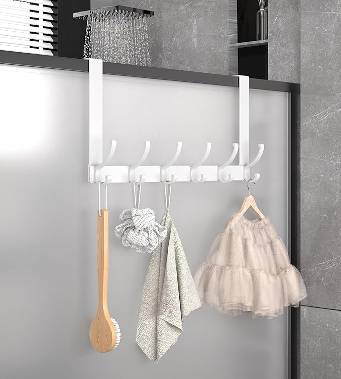 KitchLife Over The Door Hooks Hanger with 7 inches Extended Arms, Fits 1 3/8" Doors, F18U, Bathroom Towel Rack Organization, Thickened 6-Double Hook, Glossy White
