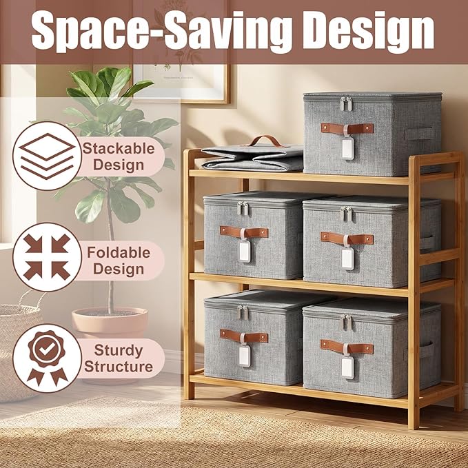 6 Pack Fabric Closet Storage Bins with Zipper Lids and Label, 15x10x10In Large Size Foldable Cotton Linen Storage Cubes Boxes with PU Leather Handles Holders for Bedroom, Shelf, Nursery, Gray