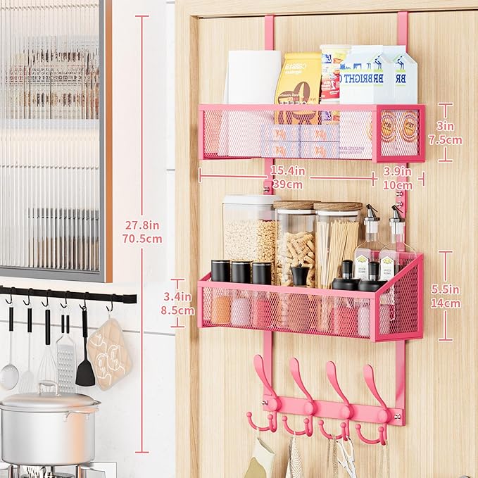 Over The Door Hooks Organizer, Coat Rack Over The Door Storage Hanger Towel Rack, Back of Door Storage Organizer for Bathroom,Bedroom,Kitchen,Office (Pink, 3-Tier)