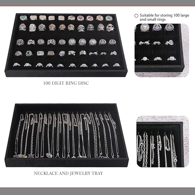 Julysky 4 Pcs/set Stackable Jewelry Organizer Trays for Drawer,100 Slots Ring Tray，Necklace Tray,12 Grid,24 Grid Jewelry Displays for Selling,Black