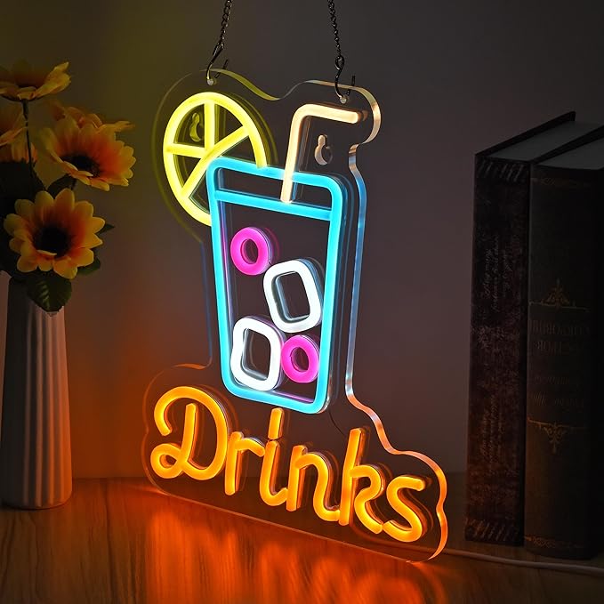 Drinks Neon Sign for Wall Decor Cool Drink Cup LED Light up Sign Cold Drinks Cocktail 3D Art Wall Lights for Home Bar Club Party Restaurant Cafes, USB Powered 12.6" x 11"
