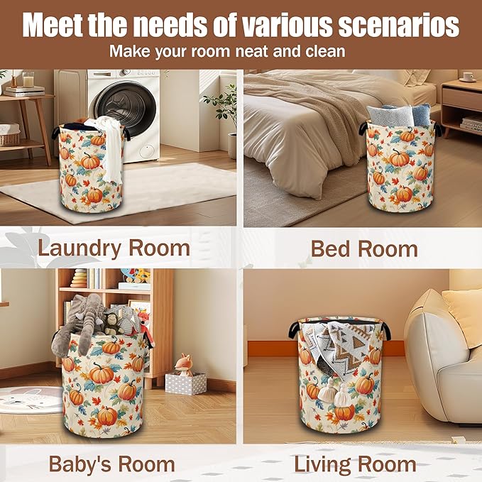 Thanksgiving day Laundry Baskets,Autumn Pumpkins Flowers Leaves Laundry Hamper,Storage Basket with Handles for Bathroom Bedroom College Dormitory Living Room Nursery Organizer 16"x20.8"