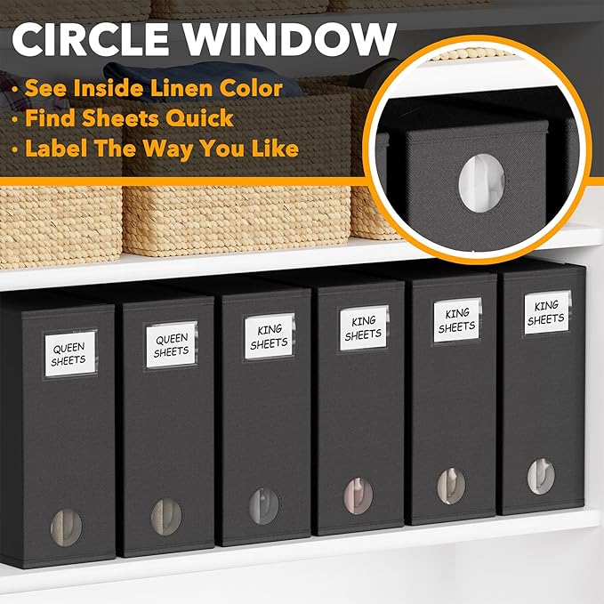 SpaceAid 6 Pack Bed Sheet Organizers and Storage, Foldable Sheet Organizer for Linen Closet, Sheets Set Folder Keeper with Window XL (Queen & King Size) Bedding Container, (Black, 6 Pack)