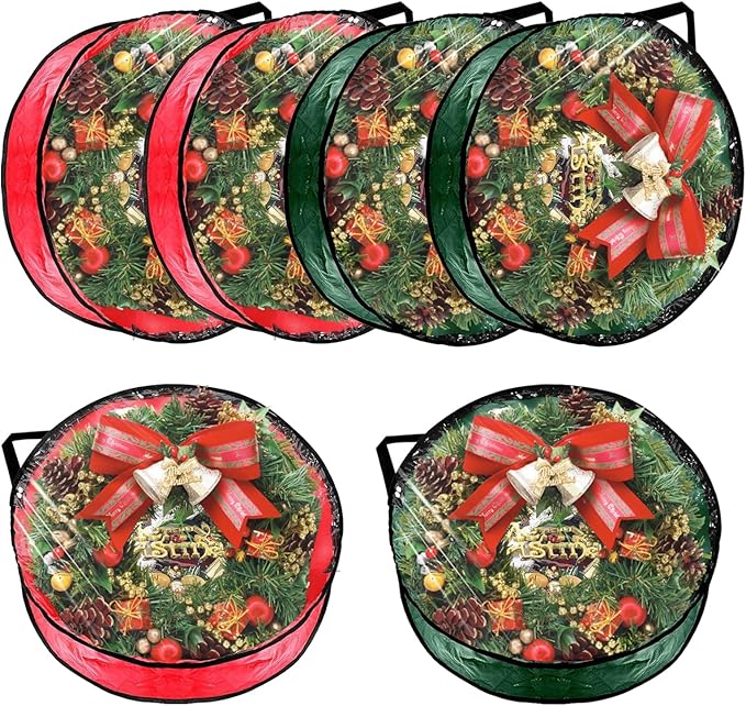 6 PCS Clear Wreath Storage Bag, 24x8 Inch Christmas Wreath Storage Container, PVC+PE Wreath Protector with Handle for Xmas Holiday Seasonal Wreath Garland (3 Green+3 Red)