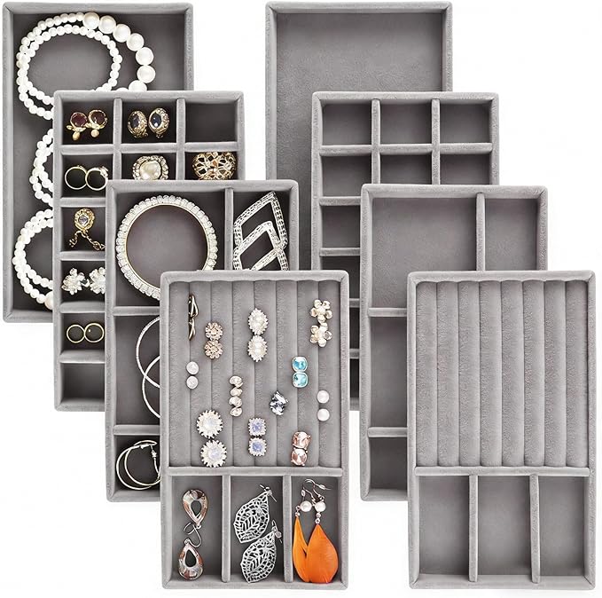 Jewelry Trays,Grey Velvet Stackable Organizer Trays,Drawer Inserts Jewelry Display Case For Rings Stud Necklaces Earring Organizer Tray for Women Girls-8 Pack