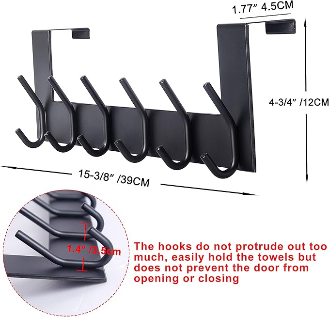 SKOLOO Over The Door Hook - 6 Hooks, No Assembly Required, Stainless Steel Door Hooks, Over Door Coat Rack for Hanging Coats Clothes Hats Robes, Black, Pack of 2