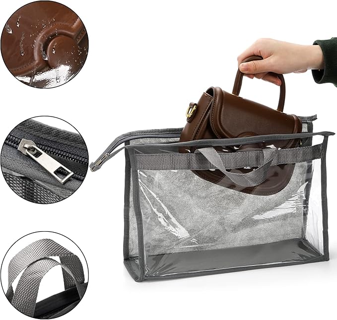 Peohud 12 Pack Dust Bags for Handbags, Clear Handbag Storage Organizer for Closet, Purse Protector Storage Bag with Zipper and Handle, Hanging Dust Cover Bag for Handbag