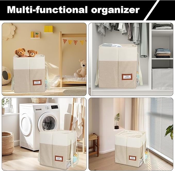 Clothes Hanger Organizer Bag with Lid,Rigid Hanger Storage Containers,Hanger Caddy Organizer Box with Handle and Label Window Keep Closet Laundry Rooms Tidy (Beige)